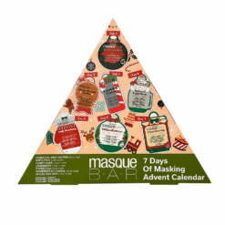 Triangular shaped advent calendar containing face masks.