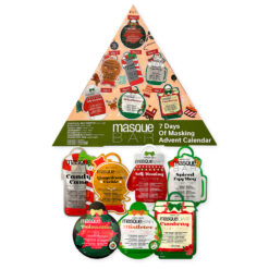 Triangular shaped advent calendar with 7 different, festive themed face masks.