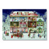 An advent calendar puzzle which features an illustration of a home decorated for Christmas whilst people walk in the snow outside.