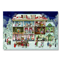 An advent calendar puzzle which features an illustration of a home decorated for Christmas whilst people walk in the snow outside.