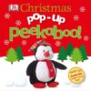 DK Children's book called 'Christmas pop-up peekaboo!'. The cover features a cuddly penguin waddling through the snow. A sticker reads 'pop up surprise under every flap!'.