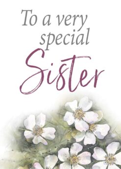 A white book with an illustration of white flowers and the words, 'To a very special Sister', on the front