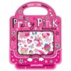 A pink book in the shape of a bag. This activity book is full of activities and stickers for young children.