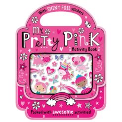 A pink book in the shape of a bag. This activity book is full of activities and stickers for young children.