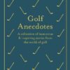 A navy book with a pattern of gold golf clubs. The text reads 'Golf Anecdotes. A collection of humorous and inspiring stories from the world of golf.'