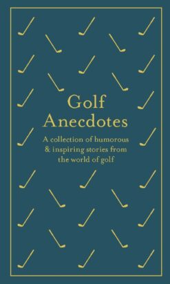 A navy book with a pattern of gold golf clubs. The text reads 'Golf Anecdotes. A collection of humorous and inspiring stories from the world of golf.'