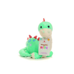 A pale blue and white dinosaur snuggable hottie with red prickles down it's back.