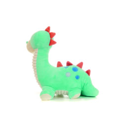 A blue and white dinosaur hottie soft toy with red spikes down it's back.