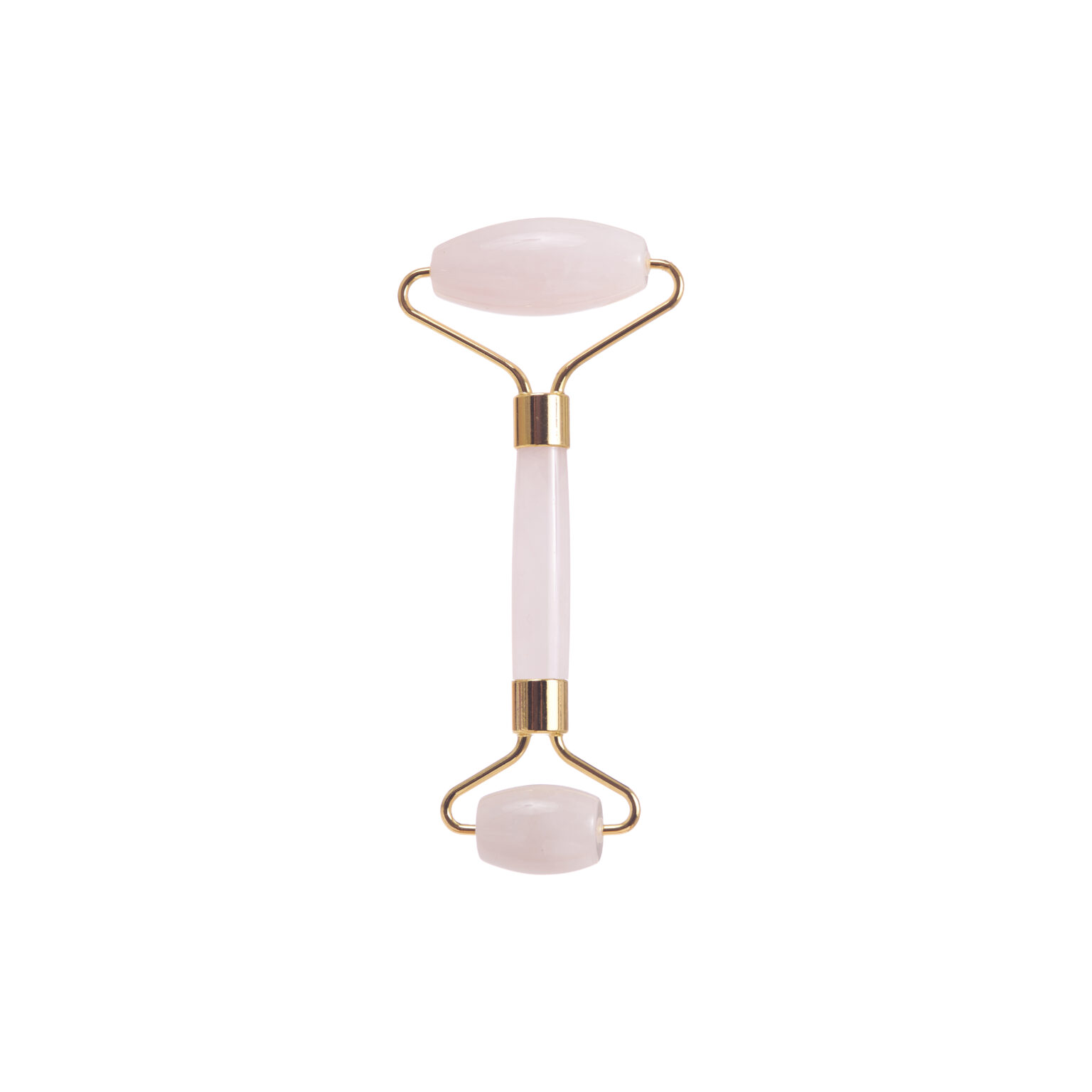 The facial roller has pink quartz rollers and handle with gold frame.