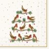 Festive napkin design showing ten birds perched on pine branches arranged in a Christmas tree shape, with red berries, gold polka dots, and a white-and-gold lace-style border.