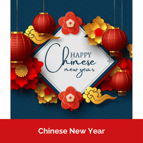 Text reads 'Happy Chinese New Year'. The text is surrounded by red lanterns and red and gold flowers.