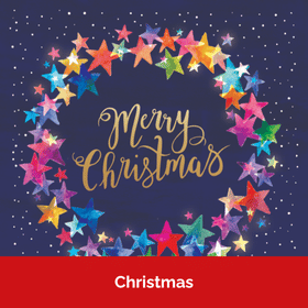 A dark blue background with a wreath made out of colourful stars. Text in the middle reads Merry Christmas.