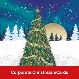Illustration of a decorated Christmas Tree in the snow with trees and a full moon in the background. Text reads Corporate Christmas eCards.