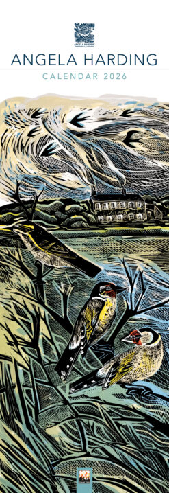 Slim Calendar with images by Angela Harding. This image features the front cover which shows a print of birds in a field