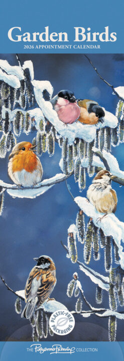 Slimline 2026 calendar with images by Pollyanna Pickering. This image features the front which shows birds perched on snow covered branches.