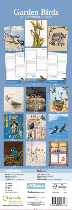 Back cover of this slimline 2026 calendar featuring the images on each months page.