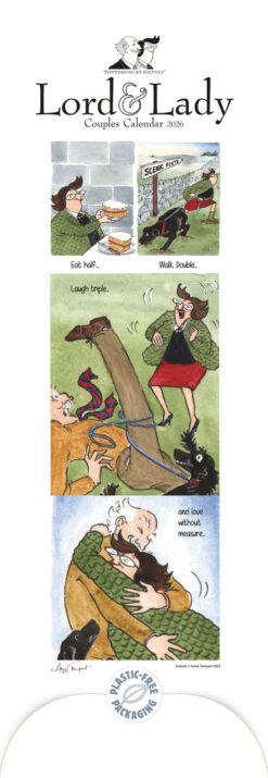 Lord & Lady 2026 Couples Calendar cover featuring four humorous “Tottering by Gently” illustrations with the captions: “Eat half…”, “Walk double…”, “Laugh triple…”, and “and love without measure…”, depicting light-hearted scenes of the couple with their black dog. Just one example of illustrations inside the calendar.