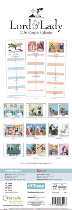 Lord & Lady 2026 Couples Calendar featuring humorous “Tottering by Gently” cartoons by Annie Tempest, with month-by-month illustrated scenes for January to December, two-column date layouts for couples, UK and ROI holidays, moon phases, and 2026/2027 mini date grids.