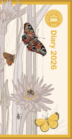 Royal Botanic Gardens Kew Diary 2026 cover with detailed illustrations of butterflies, a bee on a flower, and a beetle set against a lush botanical backdrop.