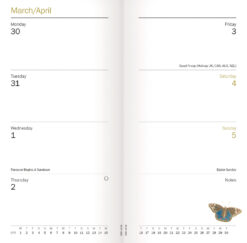 Example of the inside pages featuring the Month in the top left corner then 4 days of the week underneath on the left page and 3 days of the week on the right page with an additional section to write notes