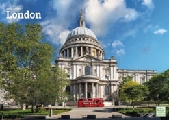 Front cover of this 2026 Calendar of London, showing St. Paul’s Cathedral and a red double-decker bus passing in front.