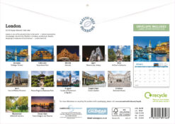 Back cover of this London 2026 Calendar, featuring monthly illustrations of landmarks like Trafalgar Square, Tower Bridge, and Big Ben