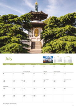 Example of inside pages, This page is July, with an image the Peace Pagoda in Battersea Park framed by summer greenery on the top page with the months calendar on the bottom page.