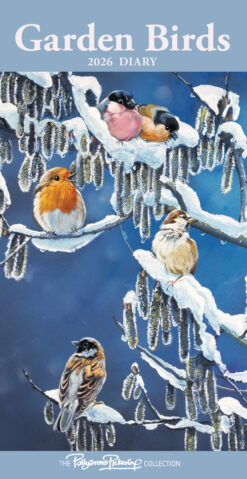 Front cover of this 2026 diary of Garden Birds by Pollyanna Pickering featuring an image of birds perched on snow covered branches.