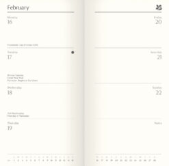 Example of the inside pages featuring the Month in the top left corner then 4 days of the week underneath on the left page and 3 days of the week on the right page with an additional section to write notes at the bottom.