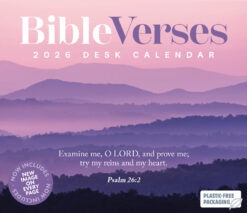 This is the Front cover of this 2026 Bible Verses Desk Calendar with a purple mountain scene and Psalm 26:2 quote.