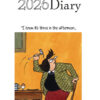 This is the cover for the Tottering 2026 Diary with a cartoon image by Annie Tempest showing a woman in green check jacket and red skirt, about to strike an egg in an egg cup with a hammer.