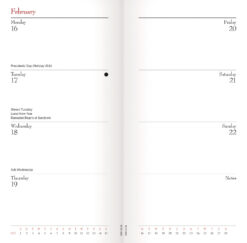 Example of the inside pages featuring the Month in the top left corner then 4 days of the week underneath on the left page and 3 days of the week on the right page with an additional section to write notes at the bottom.