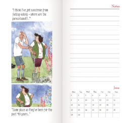 Example of an inside page featuring an witty cartoon sketch on the left page and a notes section on the right page with a calendar of the full month at the bottom.