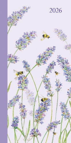 This is the front cover of this 2026 Lavender diary featuring a drawing of Lavender stems in bloom with bees hovering nearby. 2026 is displayed in the top right corner.