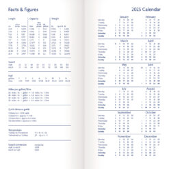 An example of a page inside the diary featuring facts and figures charts including unit conversions for length, weight, speed, and fuel on the left page, alongside a full 2025 calendar for reference on the right page.