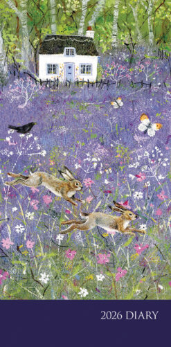 This is the front cover of this Bluebell Cottage Slim Diary featuring a thatched cottage among birch trees and purple wildflowers. Two rabbits are leaping, a blackbird perched on a flower, butterflies fluttering also feature. 2026 DIARY in white text is placed on a dark blue banner along the bottom.