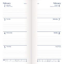 Example of the inside pages featuring the Month in the top corners of each page then 4 days of the week underneath on the left page and 3 days of the week on the right page with an additional section to write notes at the bottom.
