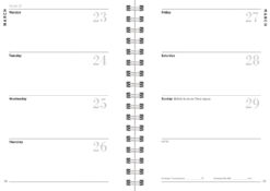 Example of the inside pages featuring the Month in the top corners of each page then 4 days of the week on the left page and 3 days of the week on the right page with an additional section to write notes at the bottom.