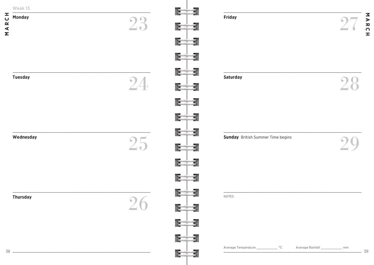 Example of the inside pages featuring the Month in the top corners of each page then 4 days of the week on the left page and 3 days of the week on the right page with an additional section to write notes at the bottom.