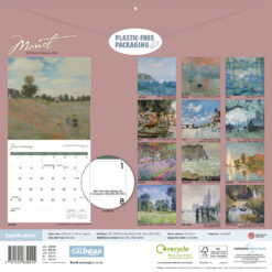 This is the back cover of this Monet 2026 calendar, featuring the iconic paintings featured on each months page like “The Poppy Field” and “Water Lilies,”.