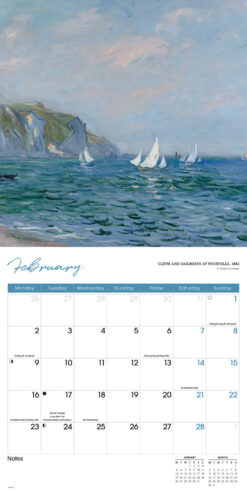 Example of inside pages, This is Februarys calendar page with Monet’s “Cliffs and Sailboats at Pourville, 1882,” on the top page with the months calendar on the bottom page.