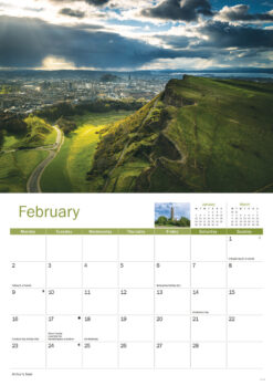 A5 2026 Calendar featuring iconic images of Edinburgh. This image features Februarys calendar page showing a green landscape image