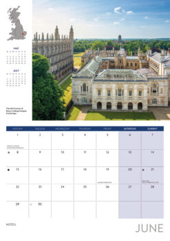 Example of an inside page. This one is June featuring on the top page is a photograph of The Old Schools and King's College Chapel, Cambridge. including a small map of Britain with a red dot indicating where the landmark is. The bottom page includes the months calendar.