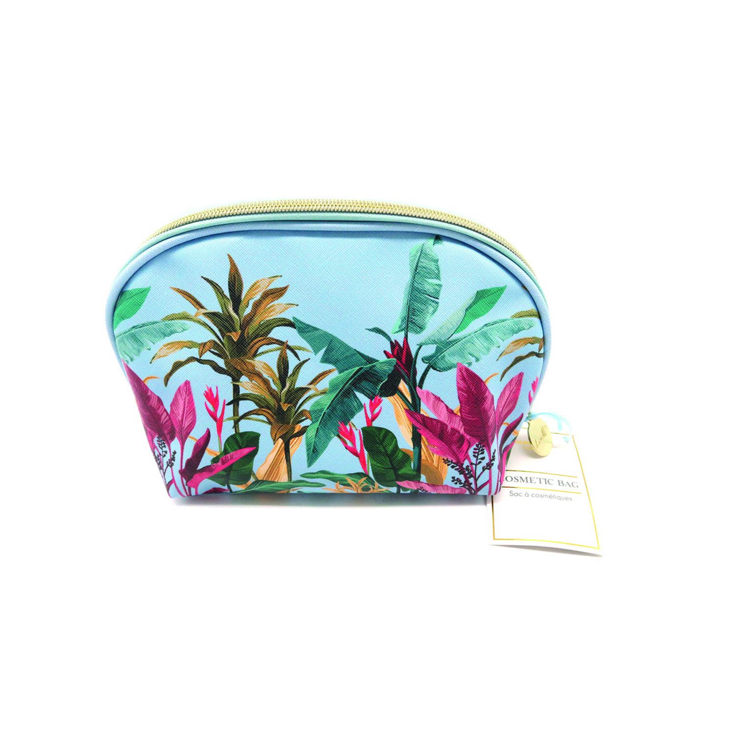 Side view of a blue cosmetic bag with a colourful pattern of palm trees. The bag has a gold zip.
