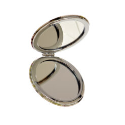 Image shows a round compact mirror which is open revealing two circular mirrors.