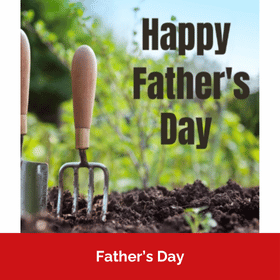 A photograph of a trowel and small garden fork standing in the mud with greenery in the background. Text reads Happy Father's Day.