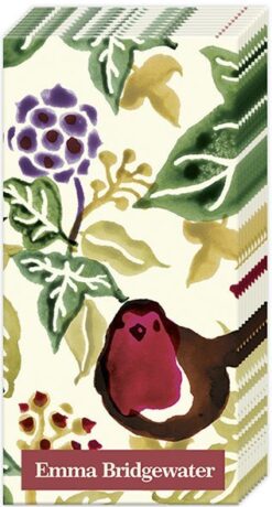 Festive pocket tissue pack featuring a robin with a red breast surrounded by ivy, purple flowers, and golden branches in a soft watercolour style, with “Emma Bridgewater” branding on a red label.