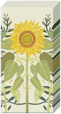 Pocket tissues featuring a bright sunflower with yellow petals, green leaves, and a cream background, designed with botanical detail.