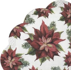 Scalloped napkin decorated with a festive poinsettia and green foliage design