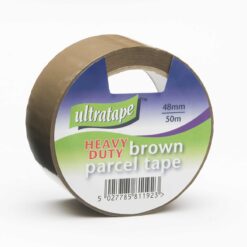 Roll of heavy-duty brown parcel tape, 48mm wide and 50m long, shown in packaging.